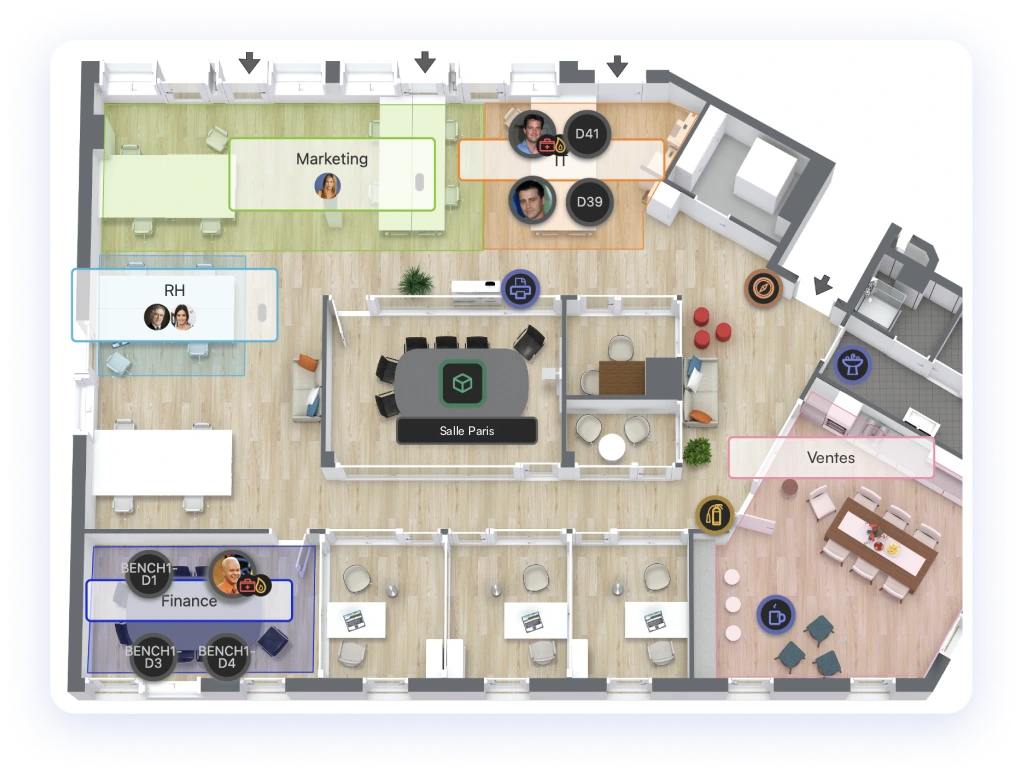 Plan interactif du bureau dans le logiciel de flex office Waldo